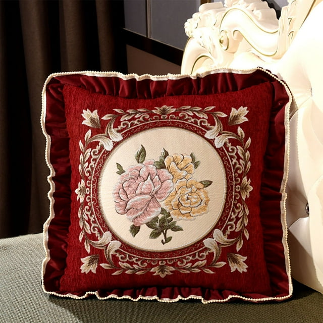 Almohada con bordado de encaje | Cojín decorativo para sofá y cama de 55 x 55 cm | Tejido de poliéster con ribete de borlas para sala de estar, dormitorio o coche
