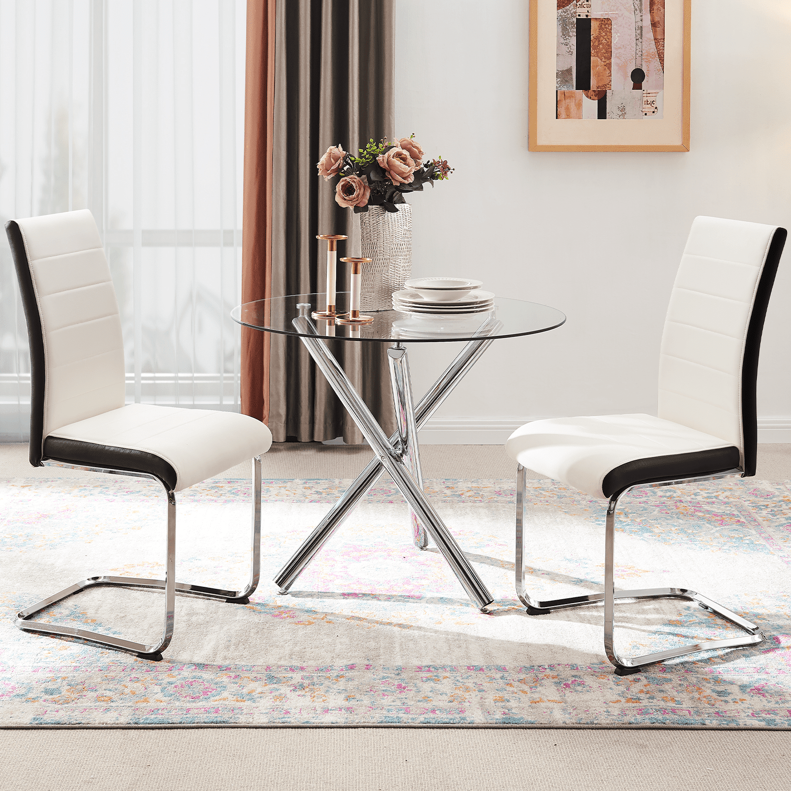 Omni House Round Dining Room Table Set for 2, Faux Leather Full Back ...