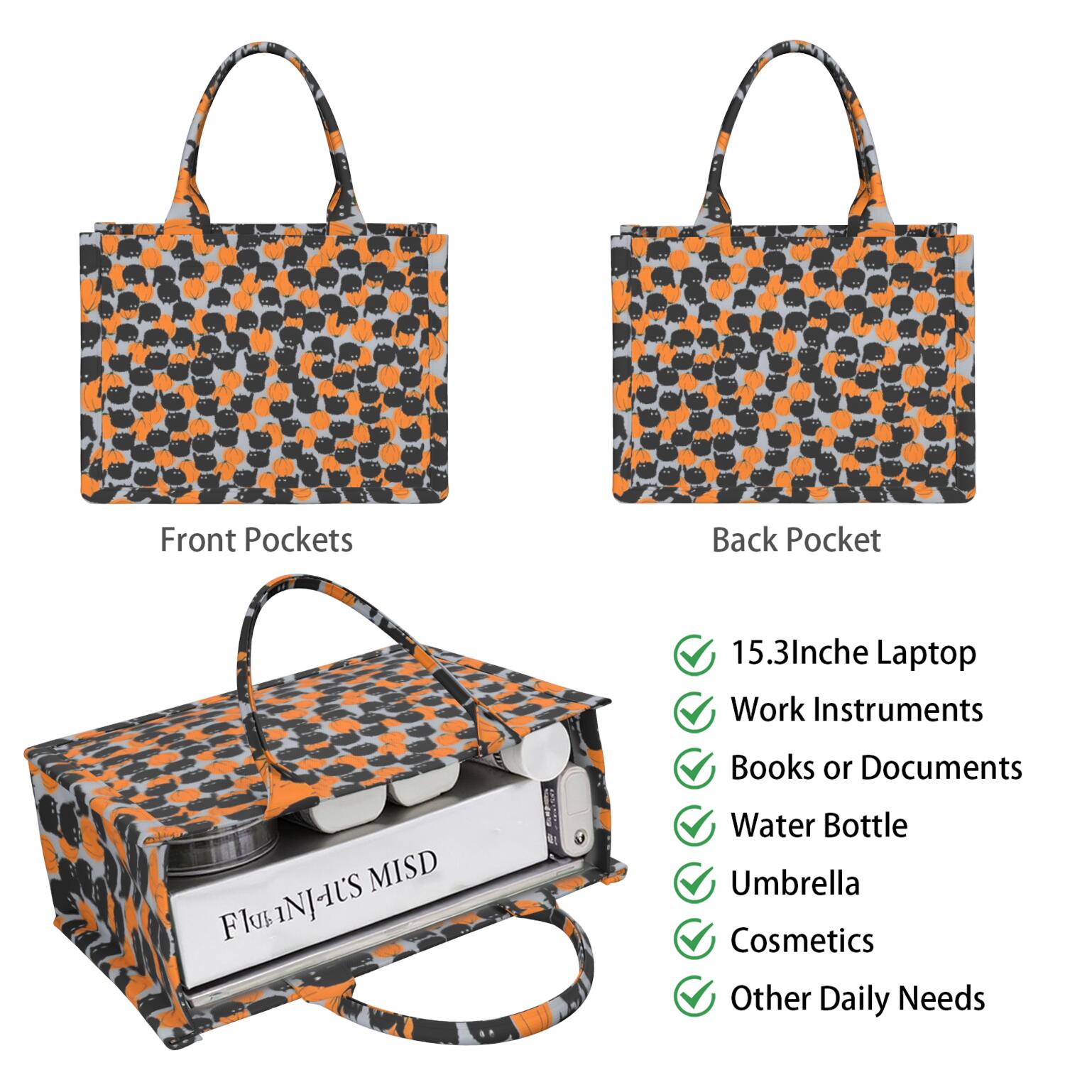Large Capacity Tote Bag,Halloween Black Cat Pumpkin Pattern Handbag Fashion Luxury Tote Bag,15.7"x13"x 5.1" Inches,Laptop Compatible