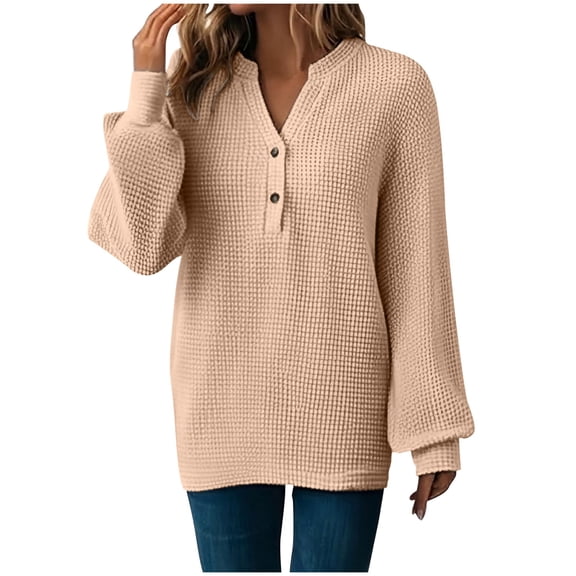 Waffle Knit Shirts Women's Tops Long Sleeve V Neck Loose Pullover Tees Dressy Casual Ladies Blouses, Khaki 2XL