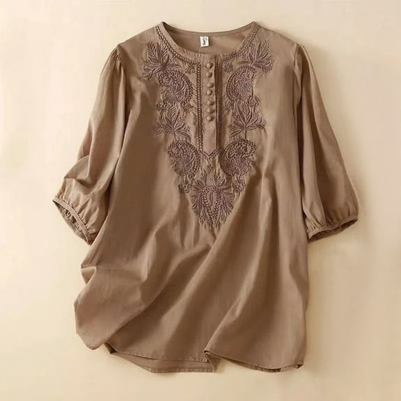 SNKSDGM Easter Shirt Women's Tops Short Sleeve Ladies Fashion Leisure Spring Summer Literary Retro Loose Sense Embroidery Round Neck Thin T Shirt Top Beach Vacation Clothes for Women 2025