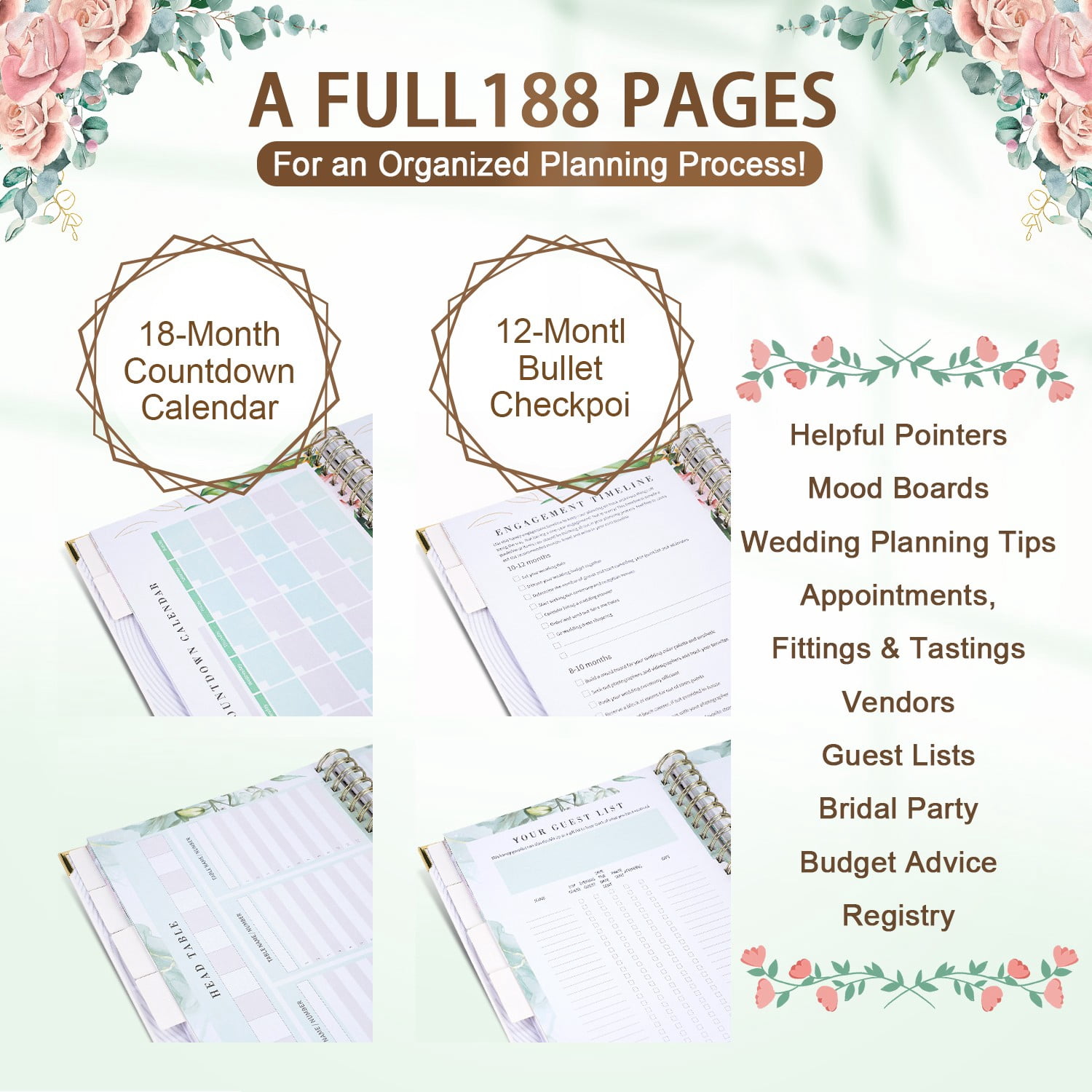 TJT Wedding Planner, 188 Page Wedding Planner and Organizer for Bride, Bridal Planning Binder with Countdown Calendar Gifts