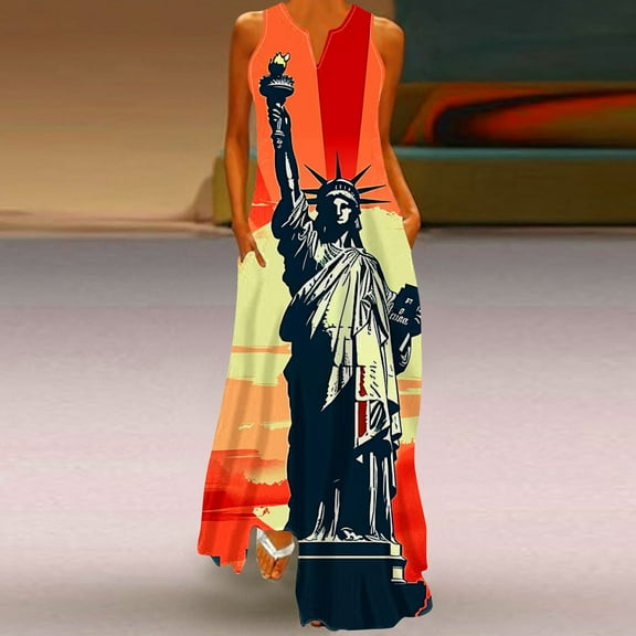 Fartey Womens 4th of July Maxi Dress with Pockets American Flag Patriotic Dresses Elegant V Neck Tank Dress Independence Day Sleeveless Sundress Orange XL
