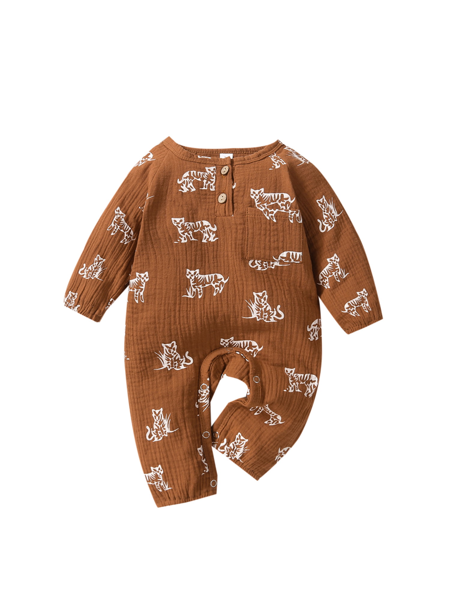100% Cotton Baby Boy Cartoon Tiger and Letter Print Long-sleeve Splicing Jumpsuit