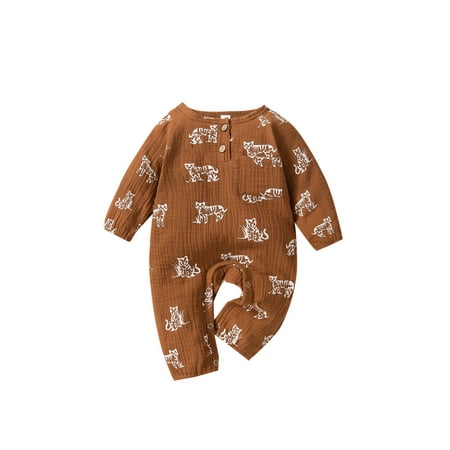 

Newborn Baby Boys Girls Casual Long Sleeve Jumpsuit Cartoon Tiger Printing Linen Button Round Neck Long Romper