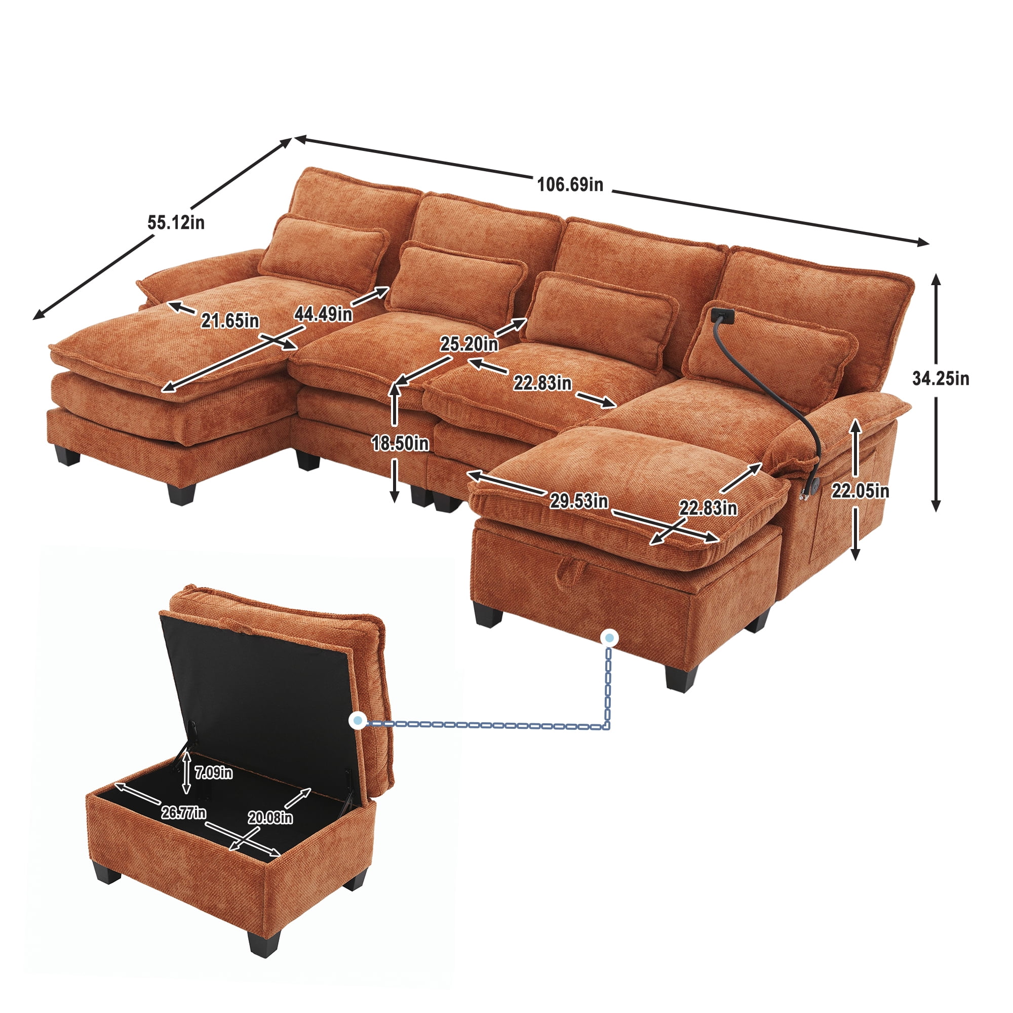 MOONMISS Chenille Upholstered Oversized U-shaped Comfy Modular Sectional Sofa with Storage Ottoman-Orange