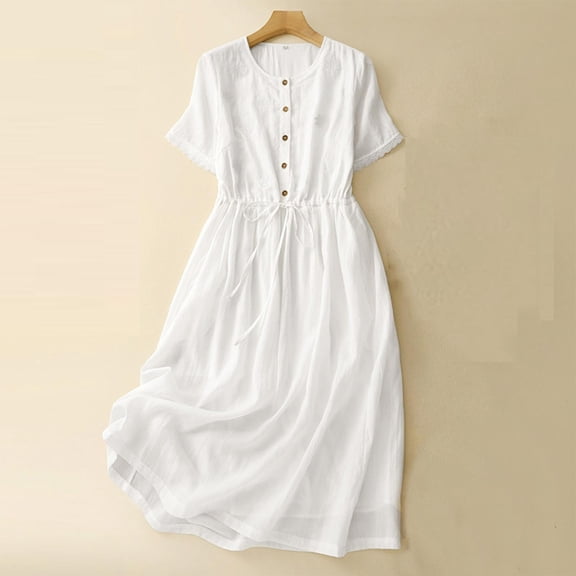 lcziwo Women Cotton Linen Dresses Cotton Linen High Waisted Dress Solid Color Short Sleeve Long Dress Tie Waist Shirt Dress White M