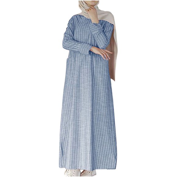 Long Sleeve Dress for Women Womens Fashion Round Neck Loose Long Sleeve Stripe Cotton Linen Ankle-length Dress Long Dress