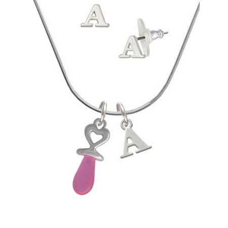 Pacifier Charm Jewelry - 3-D Pink Baby Pacifier - A Initial Charm Necklace and Stud Earrings Jewelry Set