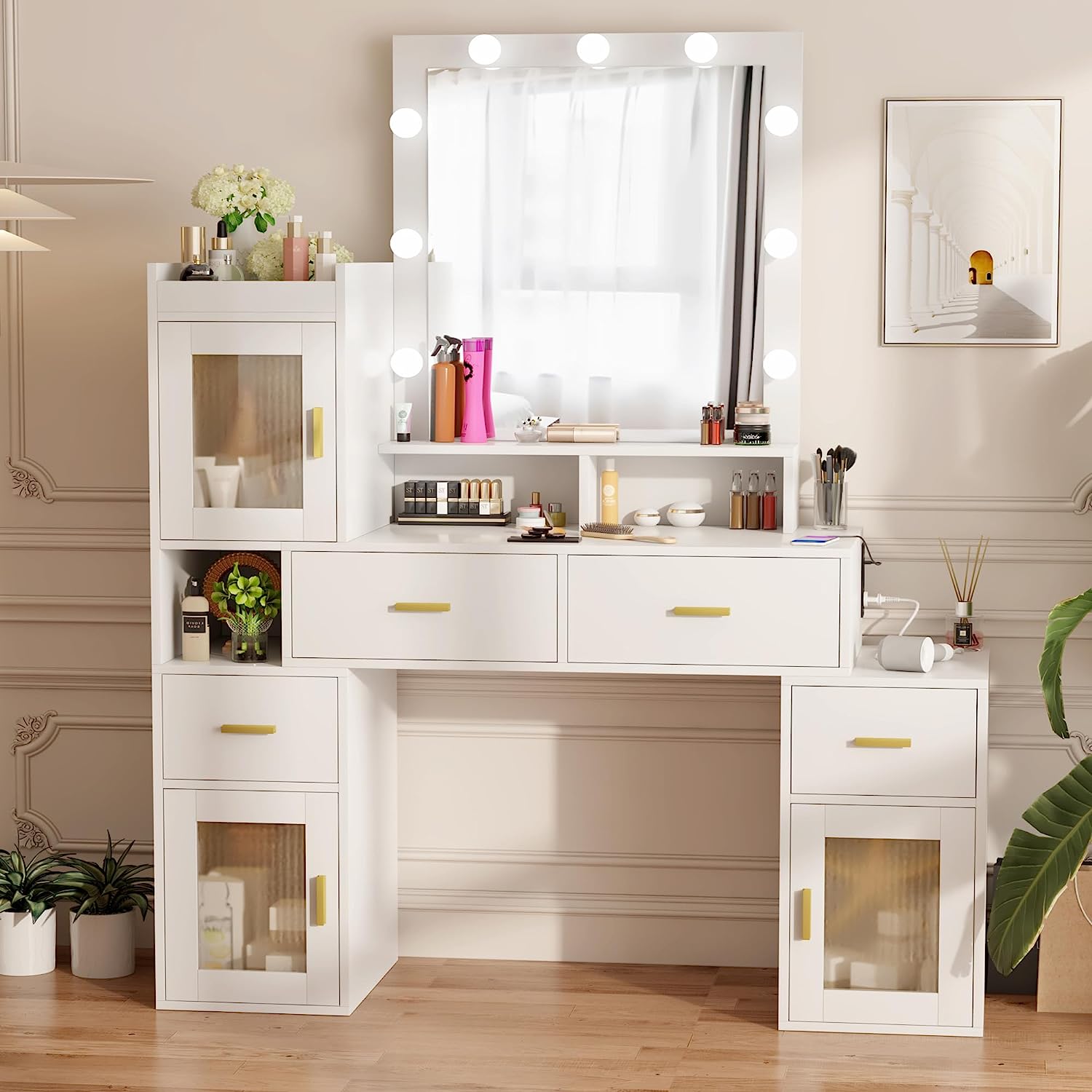 PAKASEPT Large Vanity Desk with Mirror and Lights in 3 Colors, Makeup