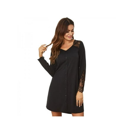 

Ochine Nightgown for Women Sexy Nightwear V Neck Lace Trim Long Sleeves Fake Placket Sleep Dress S-2XL