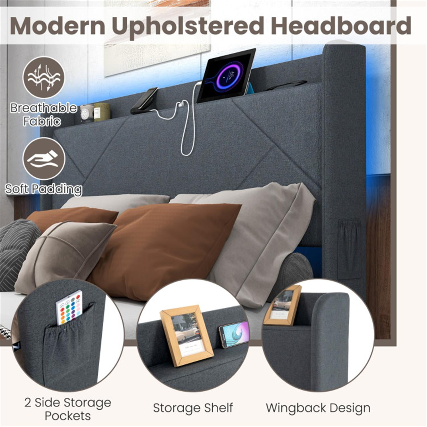 Demi Bonn Queen Size Bed Frame with LED Lights and Charging Station, Platform Bed Frame with 4 Storage Drawers, Noise-Free/No Box Spring Needed, Gray