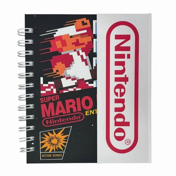 Libreta de tapa dura laminado liso con espiral metálico en la lateral con solapa protectora, Nintendo color blanco con negro