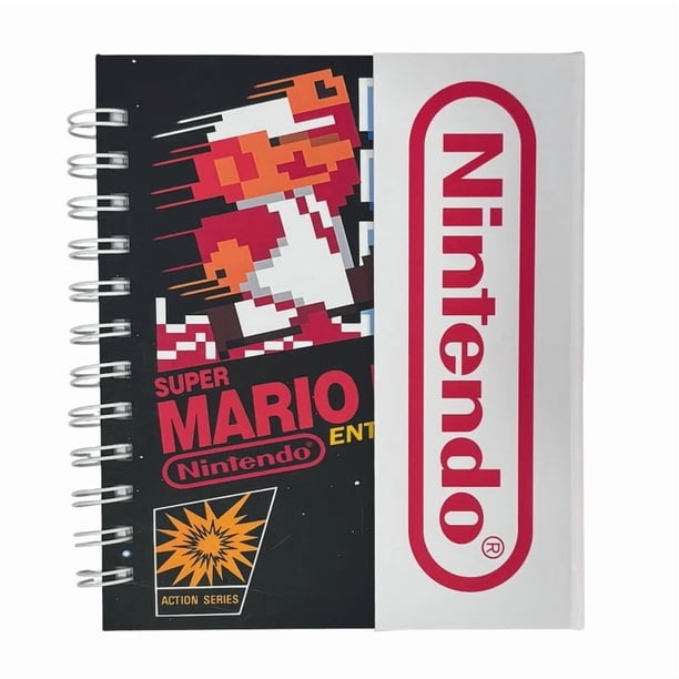 Libreta de tapa dura laminado liso con espiral metálico en la lateral con solapa protectora, Nintendo color blanco con negro