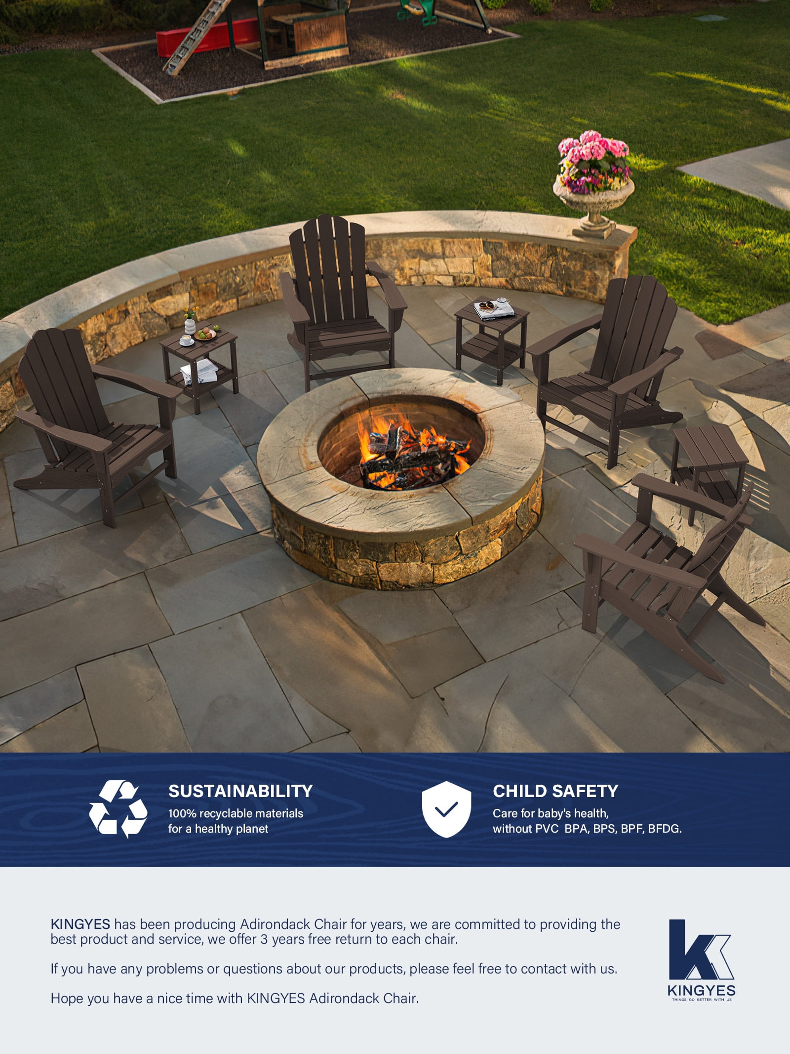 KINGYES HDPE Adirondack Chair Set of 4, All-Weather Outdoor Fire Pit Chairs for Patio Deck Lawn, Brown