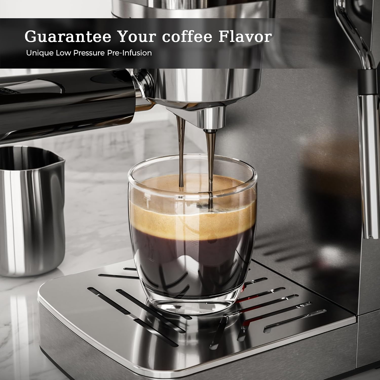 Moifoi Espresso Machine, 20 Bar Compact Espresso Maker with Steam Milk Frother, Stainless Steel Coffee Machine with 42.5oz Removable Water Tank & Mechanical Button for Latte