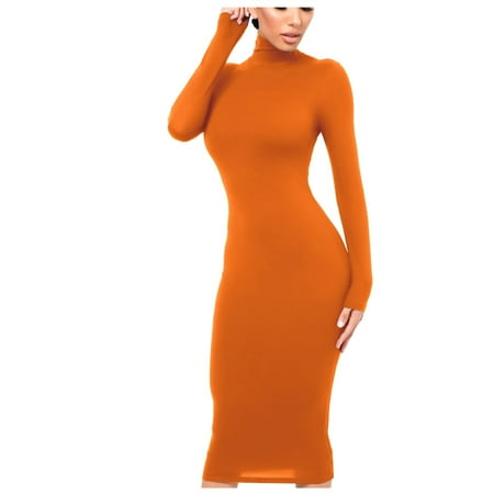 

QIPOPIQ Women Dresses Clearance Women Fashion Slim High Neck Long Dress Long Sleeve Pure Color Dress