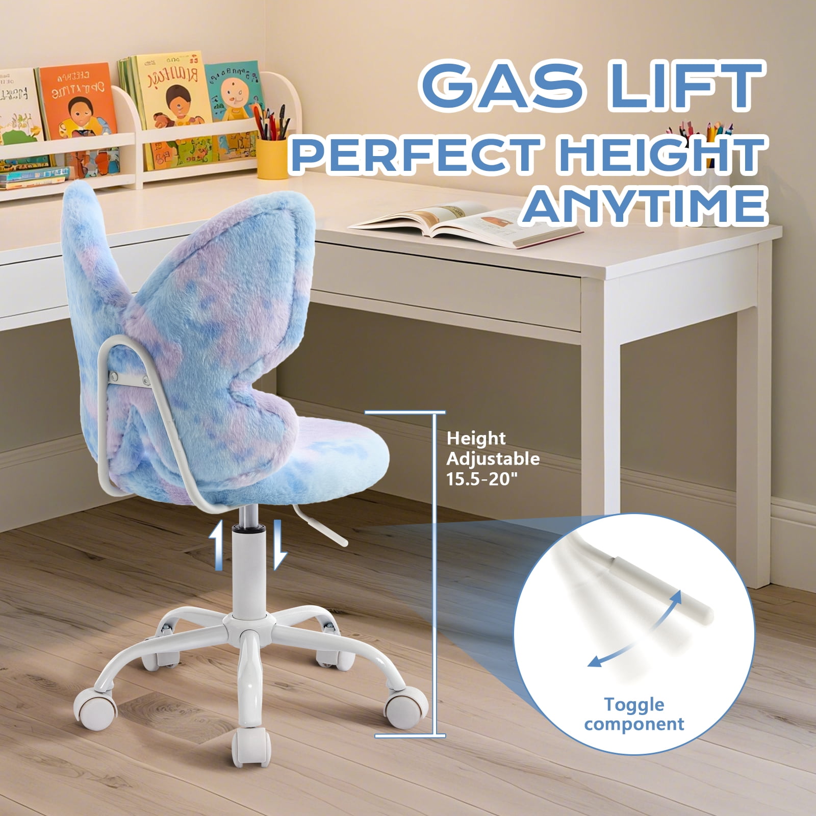 Adorable Butterfly Kids Desk Chair, Comfy Swivel Computer Seat for Girls Room, Fluffy Office Roller Chair for Study Bedroom Reading & Vanity, Blue