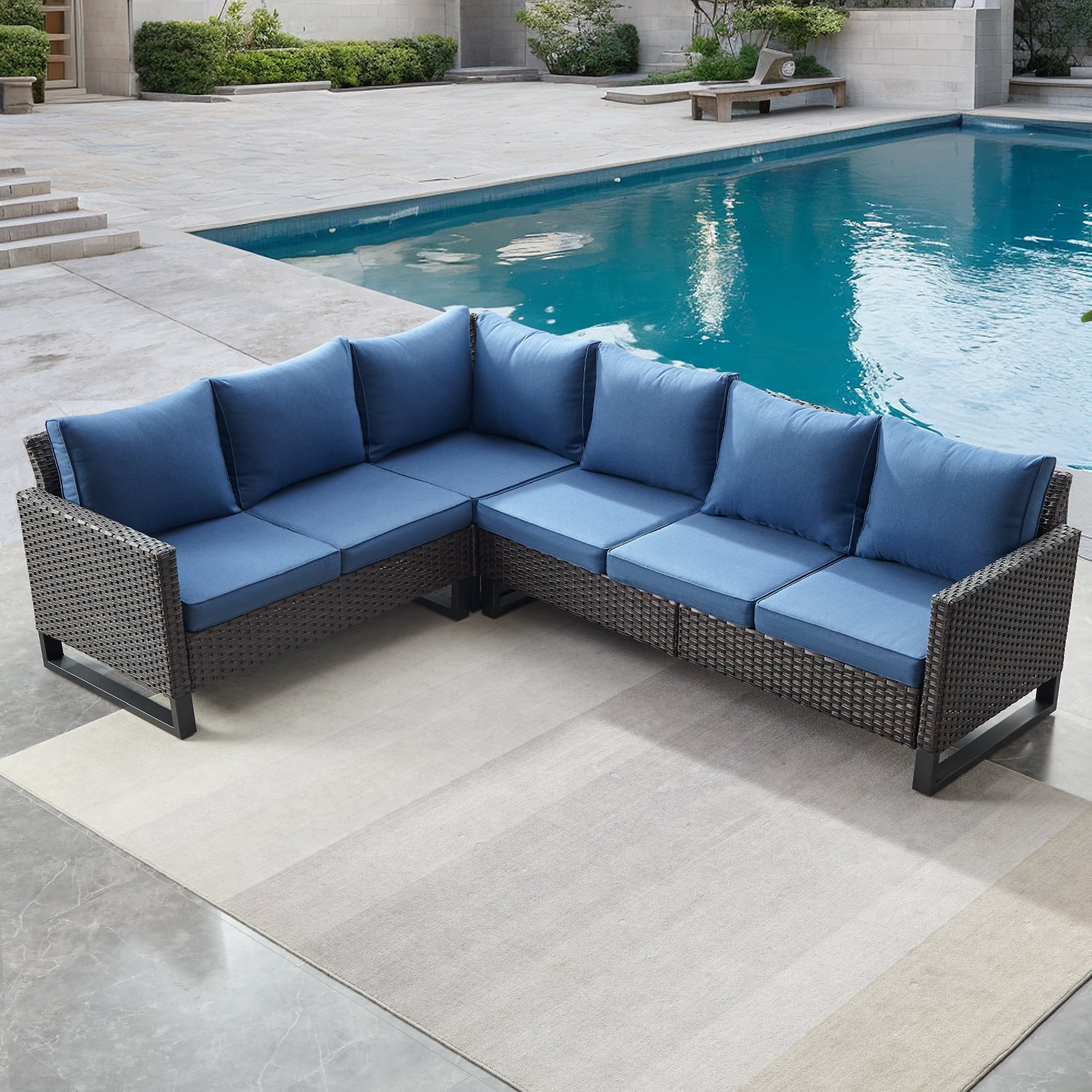 POCASSY Outdoor Furniture Set with Outdoor Sectional Sofa, 102 Inch Width Patio L Shape Sectional Sofa Brown Wicker Rattan Couch for Porch Deck Backyard, Brown/Blue