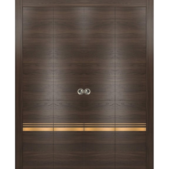 Sliding Closet Double Bi-fold Doors | Planum 2010 Chocolate Ash with Frosted Glass | Sturdy Tracks Moldings Trims Hardware Set | Wood Solid Bedroom Wardrobe Doors