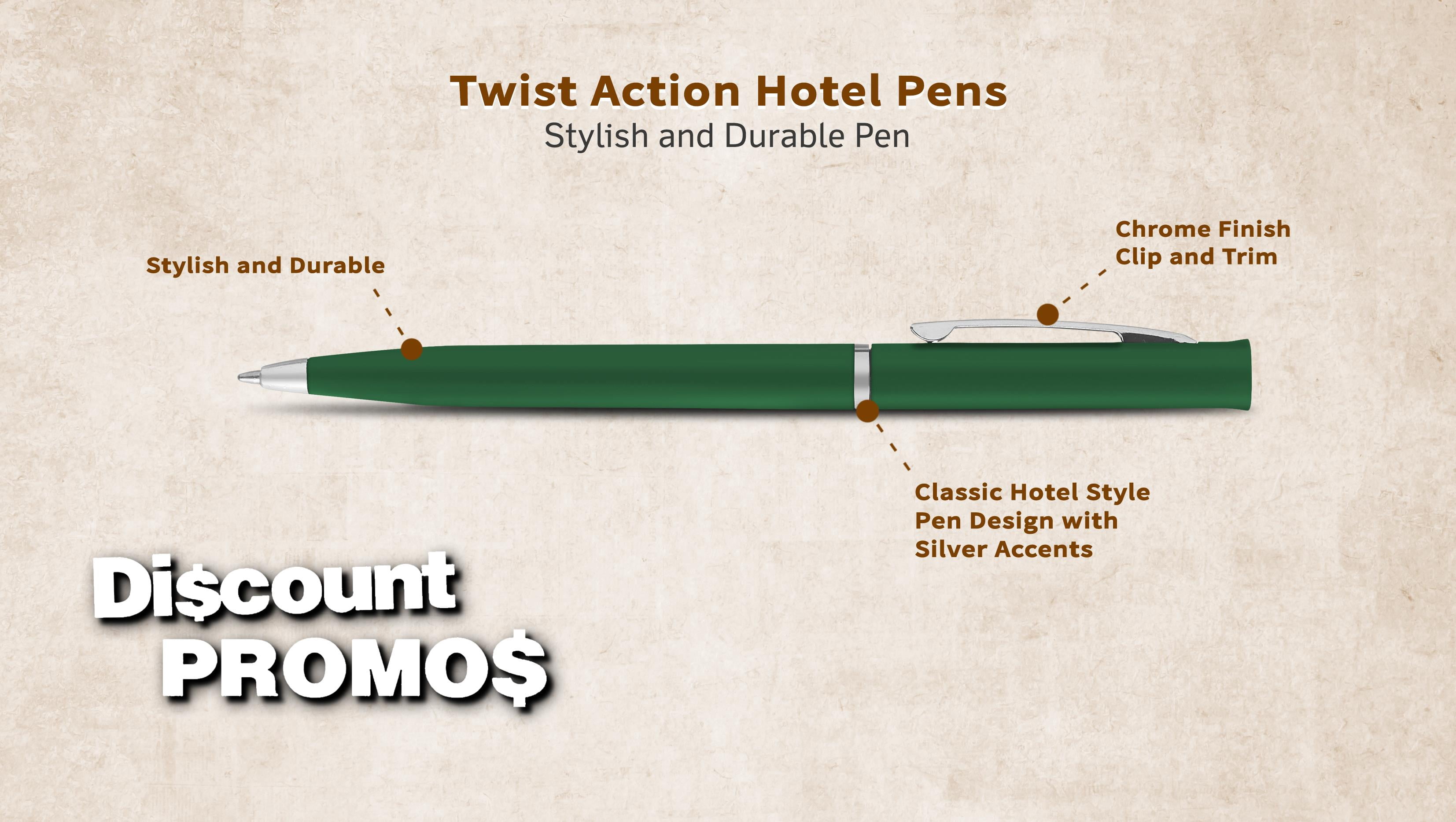 10 Twist Action Hotel Pens Pack - Plastic, Black Ink - Green