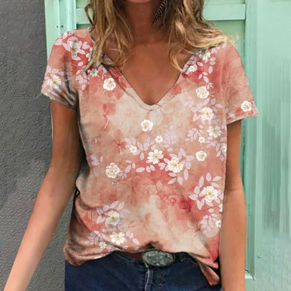 Sakmal Short Sleeve Ladies Tops V-Neck Graphic T-Shirts Womens Shirts Under $5