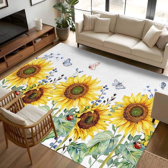 8x10 Area Rugs Sunflower Non-Skid Rubber Backing Large Rectangle Rugs - Living Room Bedroom Home Office, Yellow Floral Summer Botanical Indoor Floor Mat Carpets Washable Rug