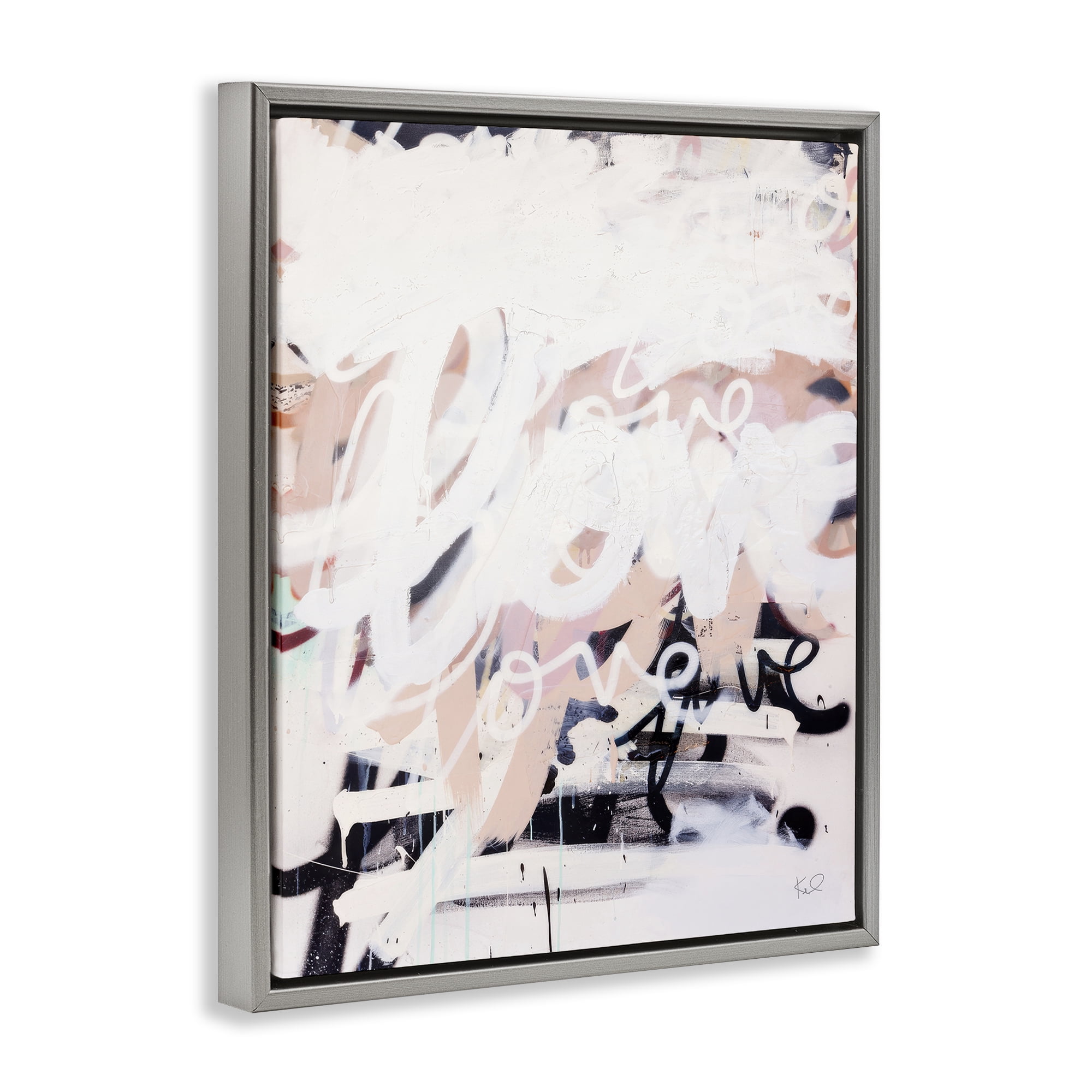 Stupell Industries Urban Graffiti Love Collage Text & Numbers Painting Gray Floater Framed Canvas Art Print Wall Art, 25 x 31