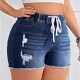 thumbnail image 4 of Women's Elastic Waist String High Waist Shorts Slim Hole Wash Jeans Shorts Drawstring Plus Size Casual Shor Blue L, 4 of 6