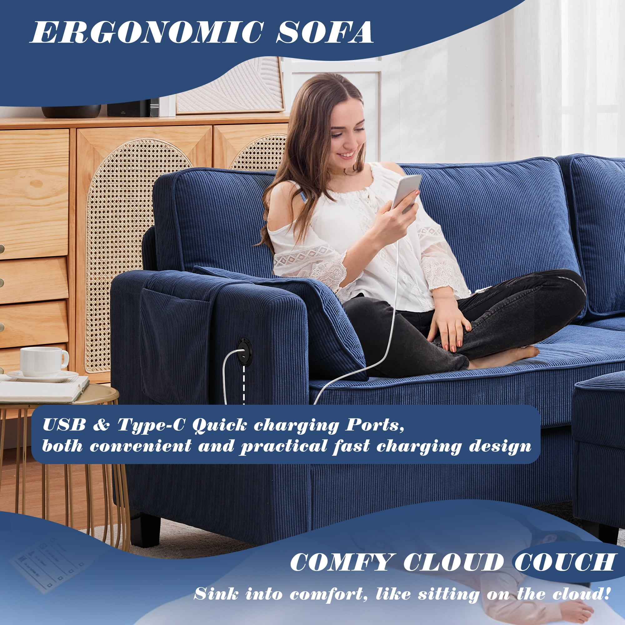 Magic Union Convertible Sectional Couches for Living Room- Small Space Couches L-Shaped Sofa, Corduroy Upholstered 3 Seats Sofas W/Storage Chaise, USB Ports, Side Pockets and Pillows