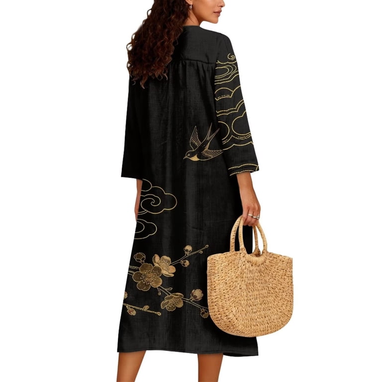 Scrawlgod Floral Cloud Swallow Print Golden Black Women's Tunic Dress 3/4 Sleeve V-Neck Loose Fit Midi Linen-Like Dress Lightweight Breathable Beach
