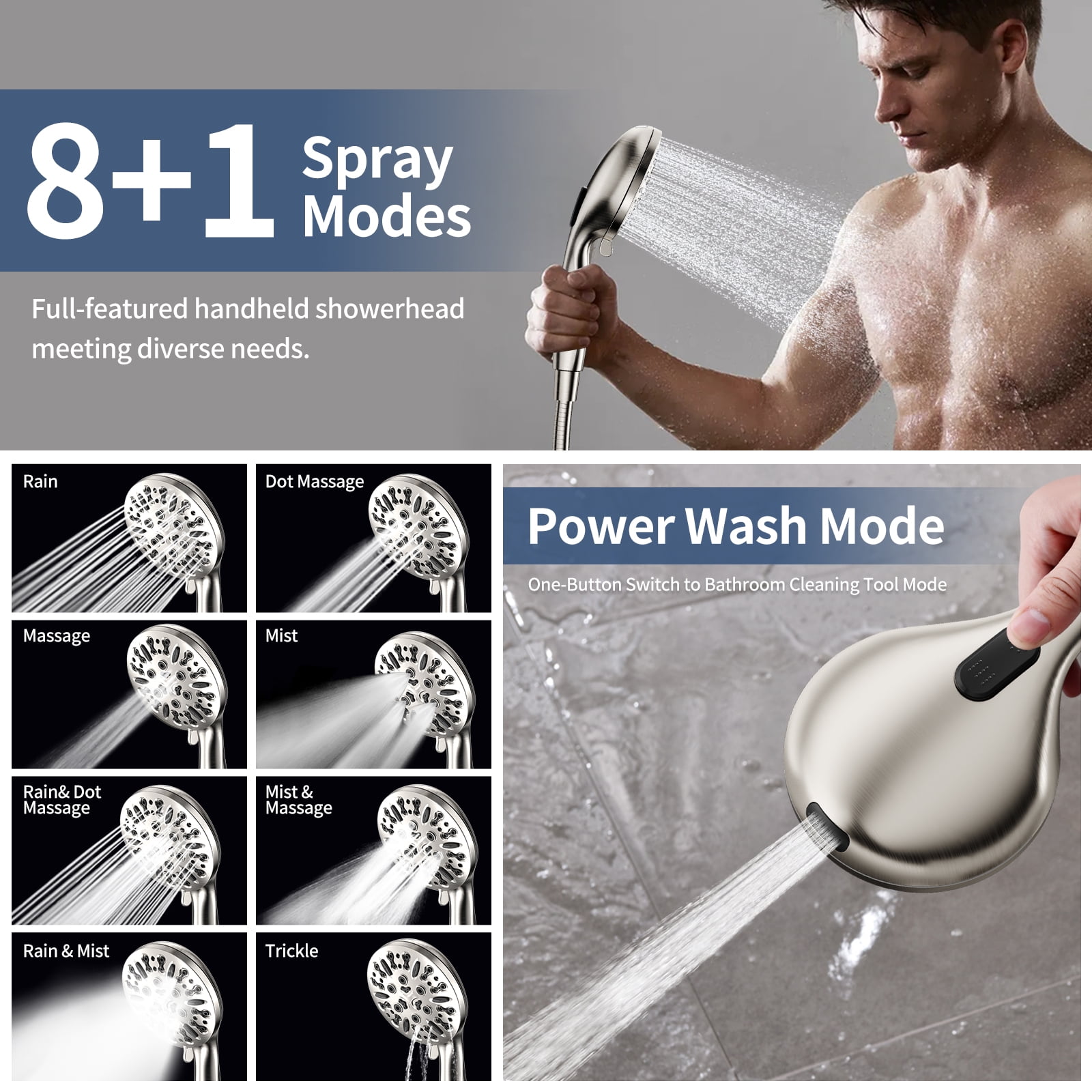 KAIYING Dual Shower Head with Handheld Spray, 9 Modes, Adjustable Angles, 79-Inch Hose, Brushed Nickel