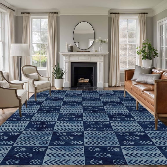 Vintage Floral Area Rugs 8'x10', Washable Small Throw Rugs for Living Room Patio, Abstract Flowers Patchwork Country Navy Blue Indoor Outdoor Rug Non-Slip Low Pile Carpet Runner Reversible Floor Mats