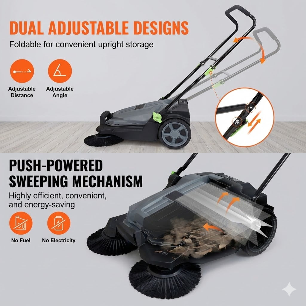 Walk-behind Hand Push Floor Sweeper, 25.6" Sweeping Width Floor Sweeper Manual Non-Electric, 5-Gallon Waste Container, Angle & Height Adjustable Folding Handle for Walkway, Yard, Garage, Patio