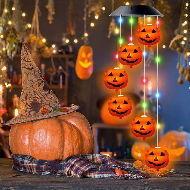 Fwttom New Halloween 8-Function Solar Pumpkin Wind Chime Light Rope Can Also Emits Light LED Wind Chime Decorative Light