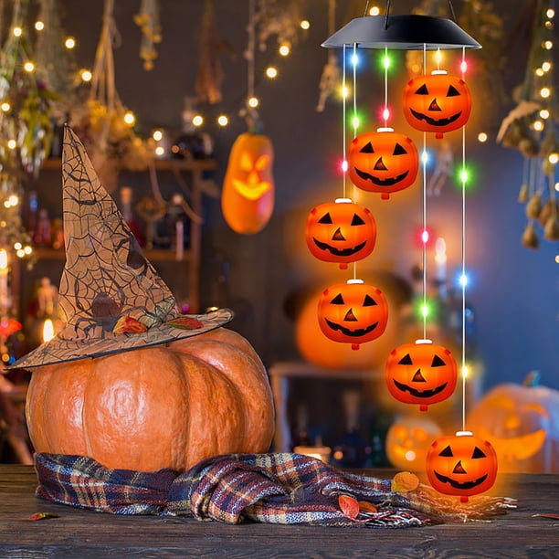 Campana de viento solar con luces LED | Lámpara decorativa de calabaza de Halloween para patio y jardín | Farol colgante solar con 8 modos de iluminación | Impermeable