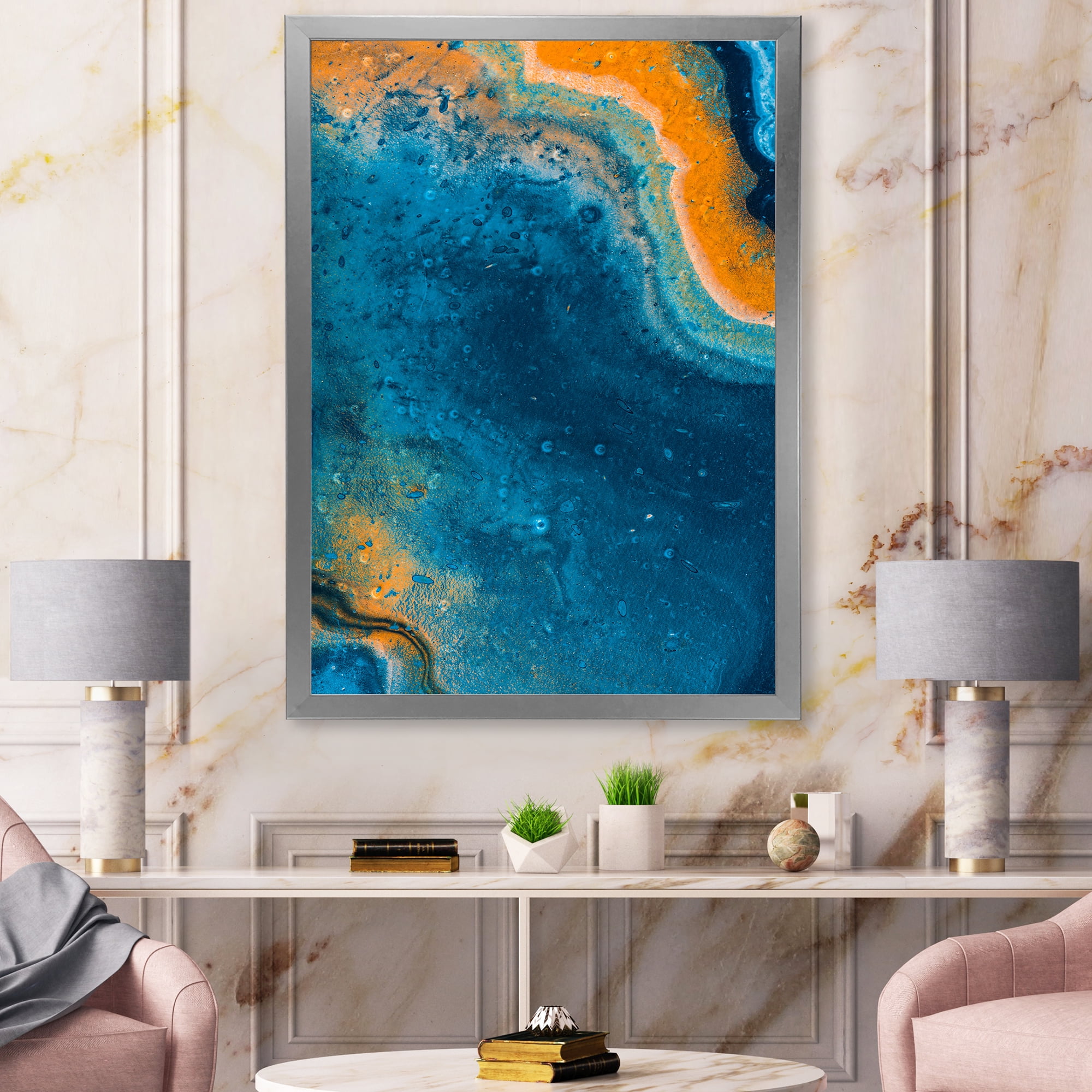 Designart 'Abstract Marble Composition In Orange and Blue V' Modern Framed Art Print
