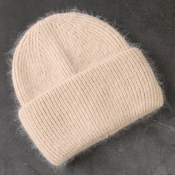 Fashion Warm Skullies Angola Rabbit Fur Winter Knitted Beanies Women Cap Female Ski Outdoor Warm Cashmere Wool Hats wholesale Beige 55-60cm