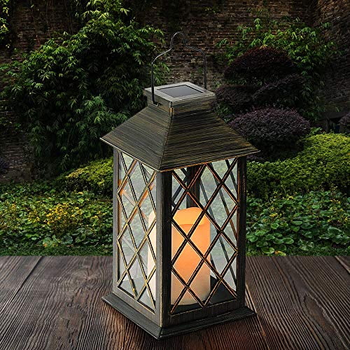 Solar LED Flickering Candle Lantern Waterproof Hanging Outdoor Garden Table Lamp 