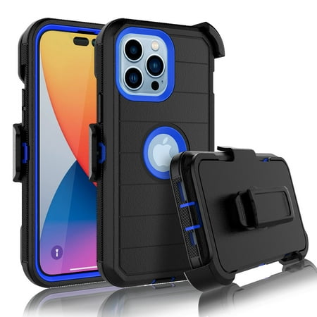Apple iPhone 14, 14 Pro, 14 Plus, 14 Pro Max Case, Heavy Duty Rugged Defender Case with [Belt Clip Holster] , Shockproof Full Body Protection Kickstand Cover, Blue+Black
