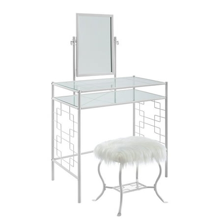 Mainstays Square Geo Metal Vanity with Mirror and Faux Fur Stool, White
