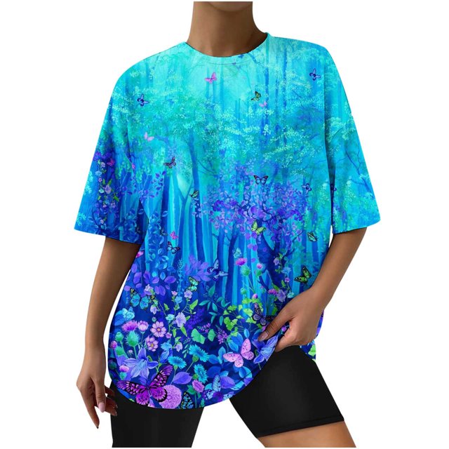 Blusa de manga corta con estampado de cuello redondo informal para mujer a la moda, Tops de verano OAVQHLG3B Store lin121212