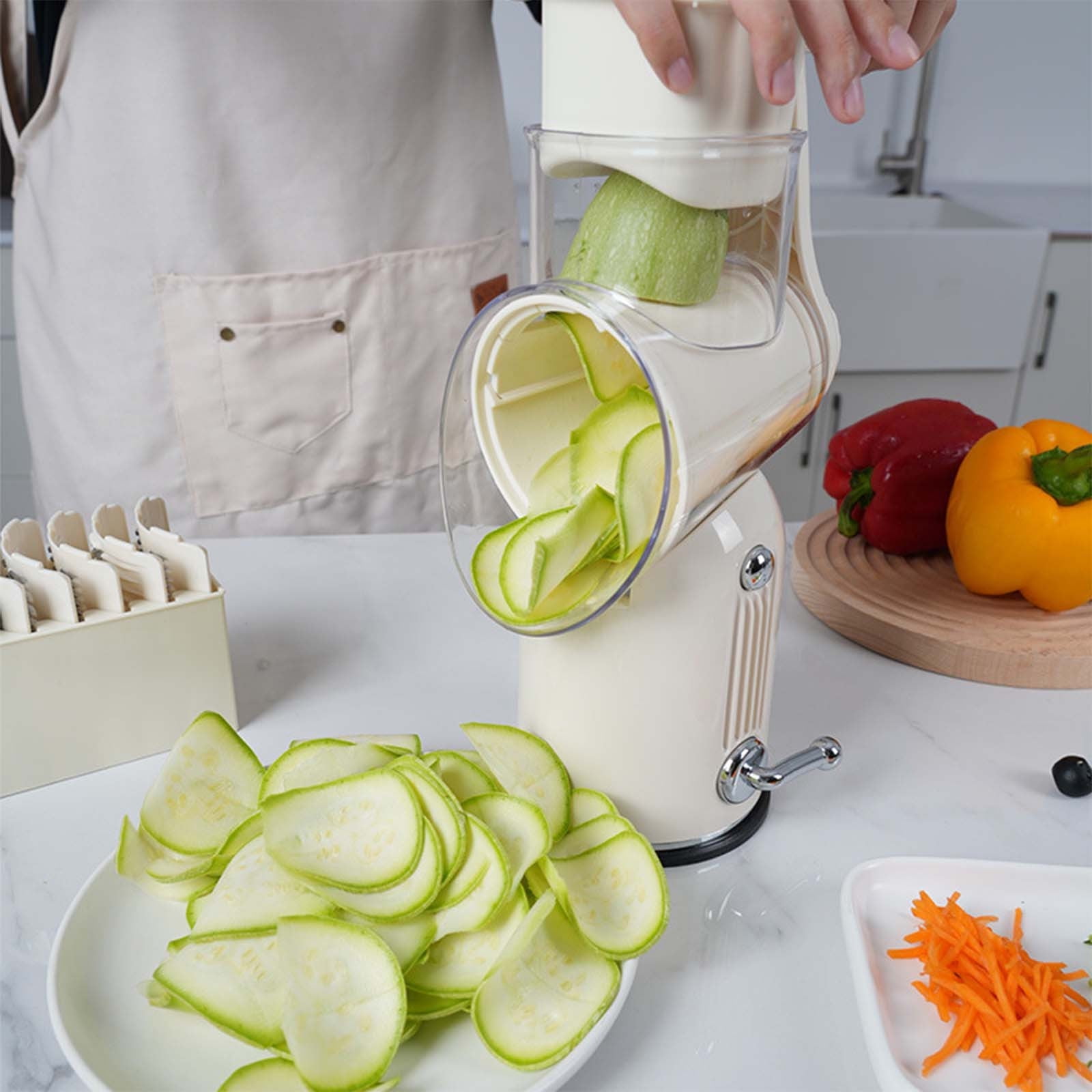 Rotary Grater With Handle | 5-in-1 Manual Food Processor for Slicing & Shredding | Kitchen Tool for Cheese, Vegetables & Fruits | Includes 5 Stainless Steel Blades & Suction Base