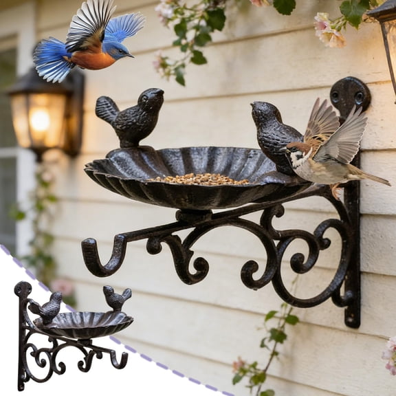 Luxcidy Iron Birds Food Bowl, Wall Mounted Storage Box, Black (Double Bird Decor Hook Style), 11.42x 8.46 x 5.71 in Feeder for Garden Courtyard Decoration (B)
