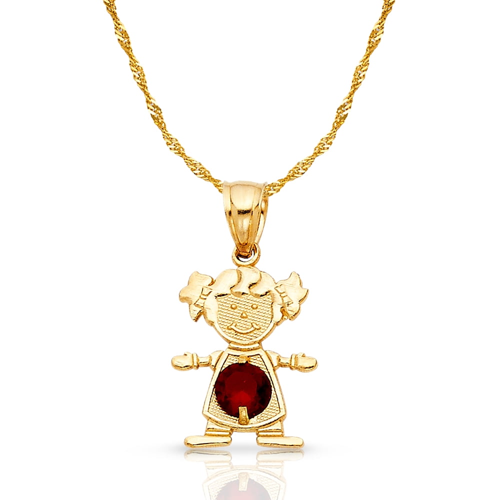 14K Yellow Gold January Birthstone Cubic Zirconia CZ Girl Charm Pendant with 0.9mm Singapore Chain Necklace