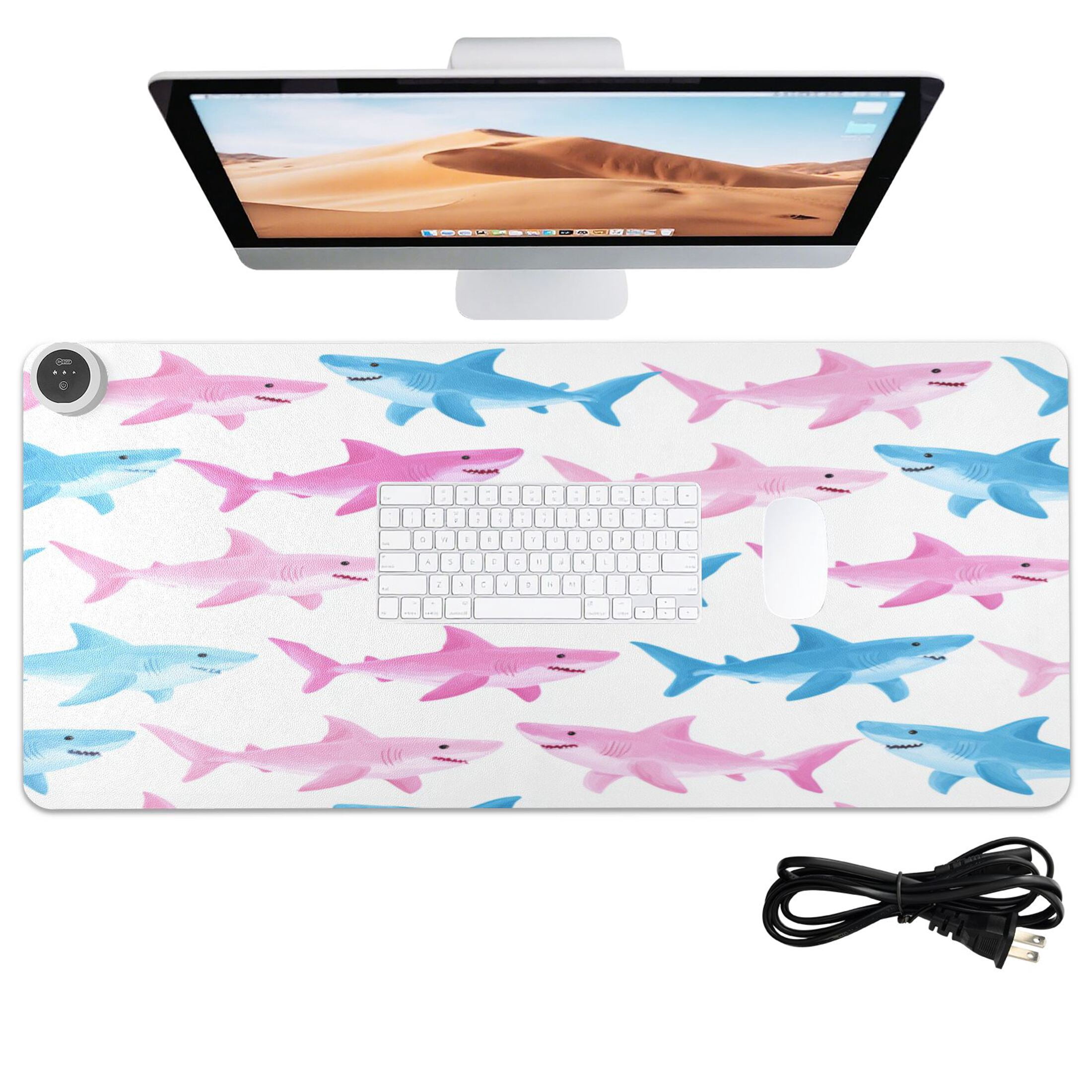 Large Heated Desk Mat Mouse Pad 31.5"x13"PU Leather Graphene Heating Desk Warmer with 3 Temperature Settings 110V US Plug Non-Slip Warm Pad for Home, Office, and Gaming Shark Ocean Wall Art