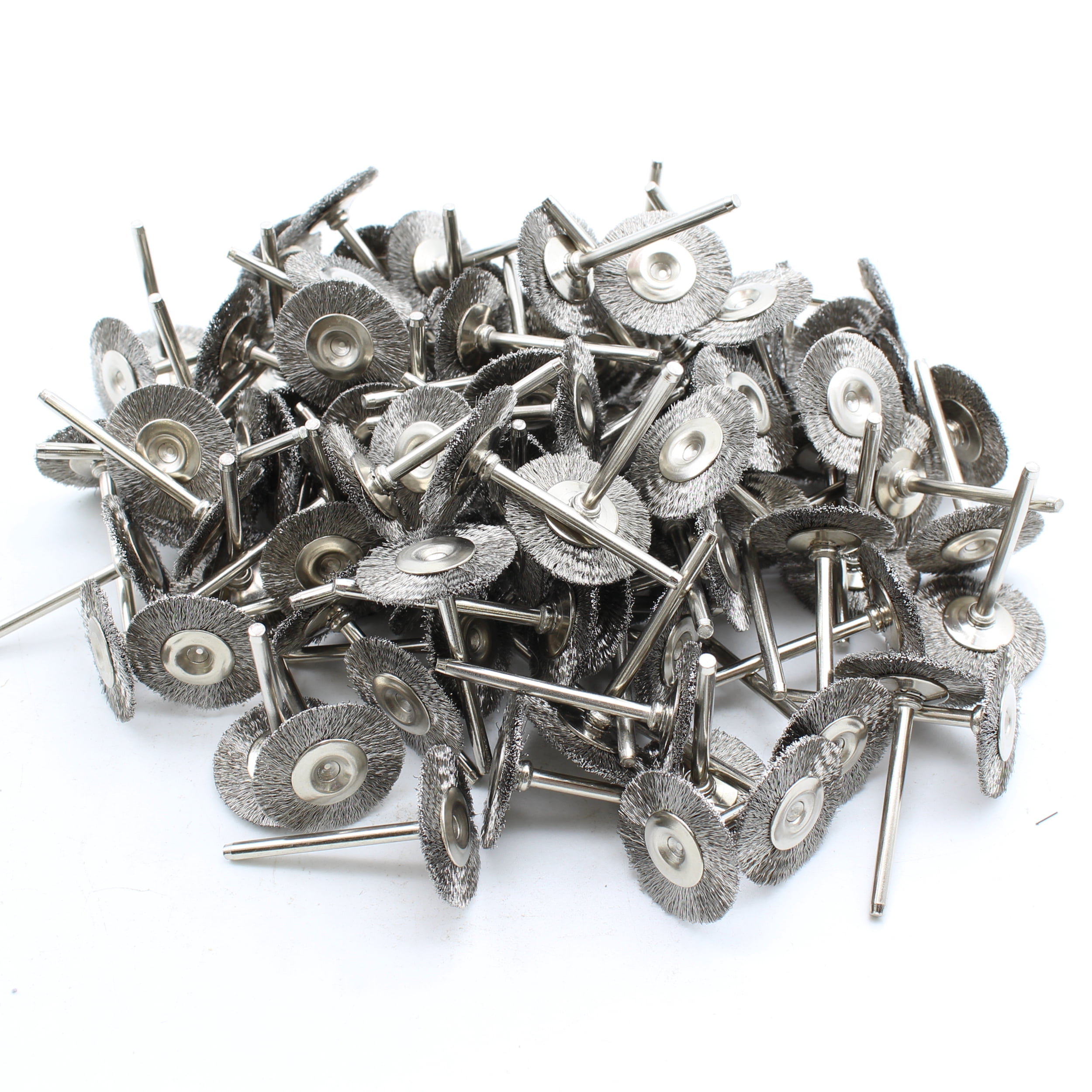 TMAX 100 pc Stainless Steel 3/4 Inch Flat Wire Brush Wheel with 1/8 Inch Shank for Dremel Rotary Tools