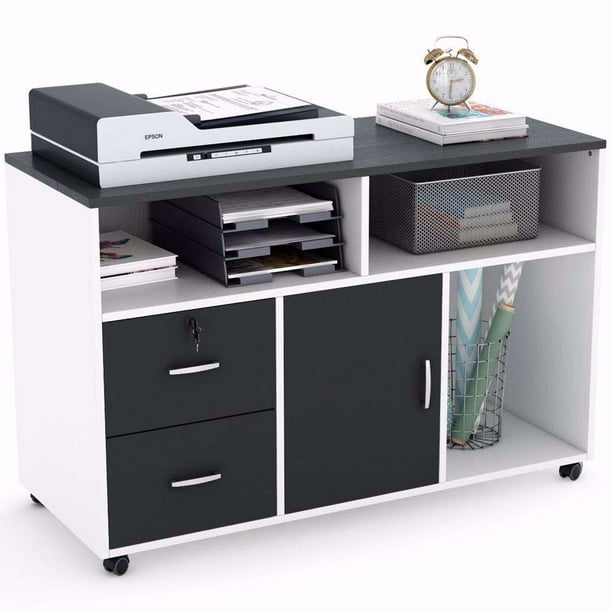 Tribesigns Wood File Cabinet 2 Drawer Storage Printer Stand Mobile Lateral Filing Cabinet With Locks And Wheels Open Storage Shelves For Study Home Office Black White Walmart Com Walmart Com