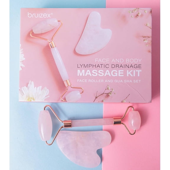 Bruizex Lymphatic Drainage Face Massager Set: Rose Quartz Face Roller & Gua Sha Facial Tool for Lymphatic Massage, Muscle Tension Relief, Skin Care, For Lymphatic Massage Oil, Serum & Face Cream