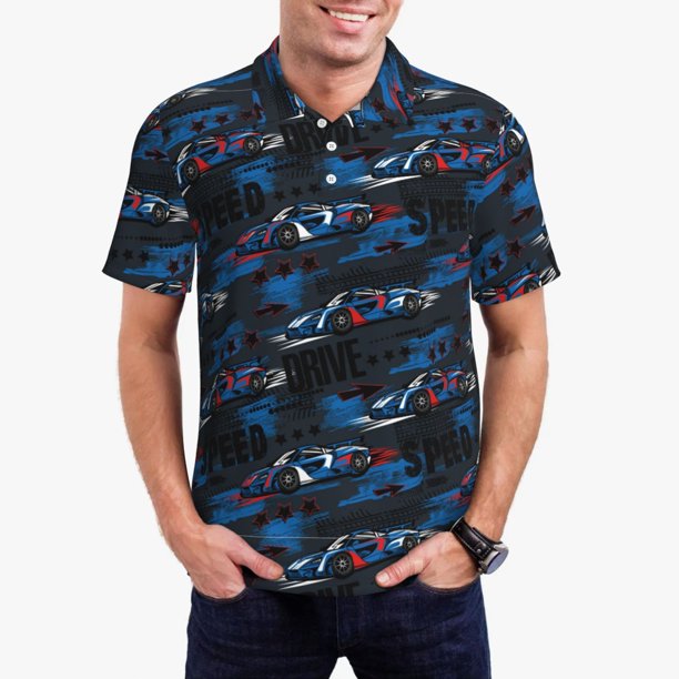 Fotbe Blue Sports Car Camiseta Polo de Golf para Hombre con Estampado – Camisa Deportiva Transpirable con Cuello Abotonado-Small